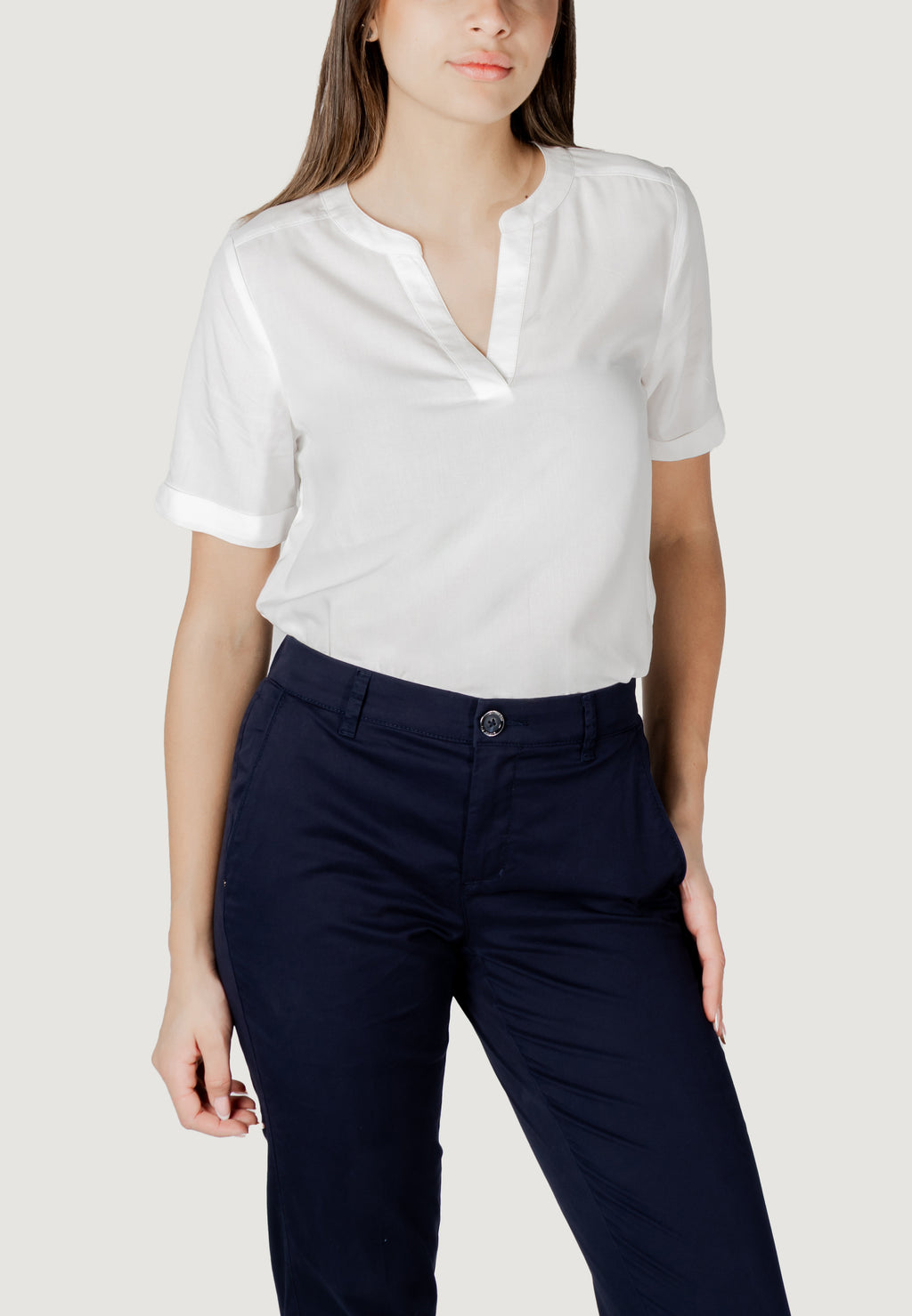 Short sleeves blouses Street One QR Splitneck blouse w turn-up